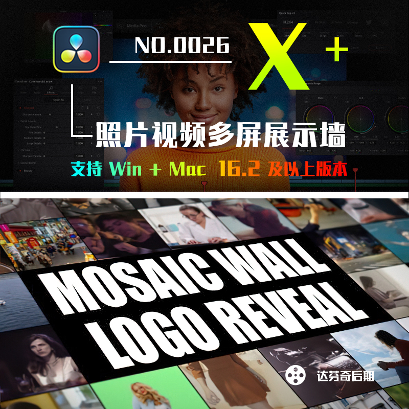 达芬奇插件模板60+照片视频多屏展示介绍墙Mosaic Wall Logo Re 0026