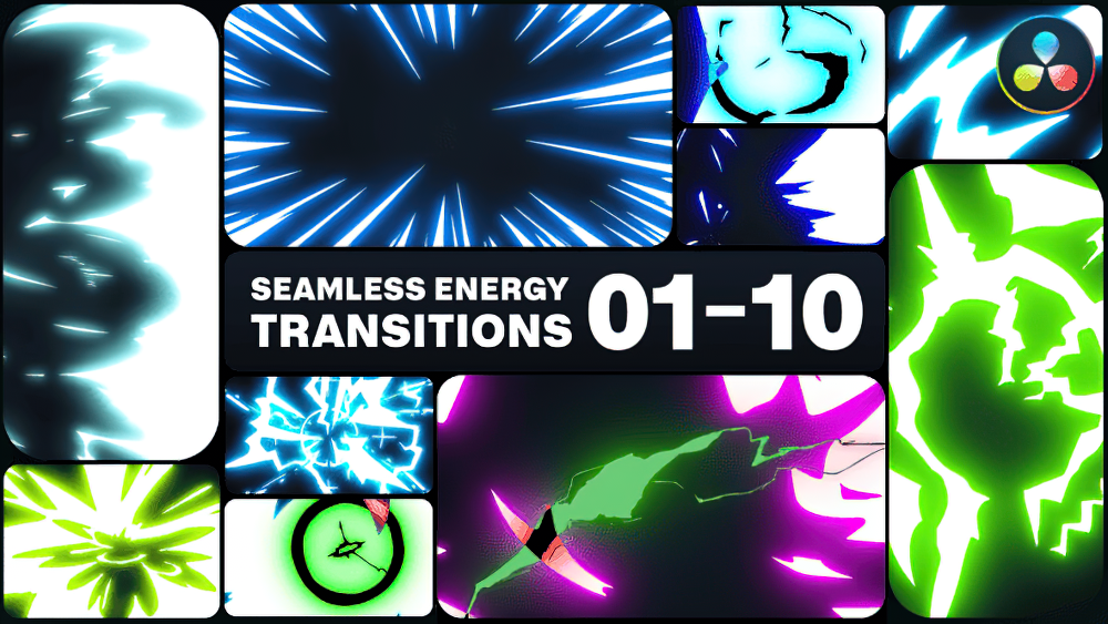 1055_达芬奇模板卡通能量爆炸闪电火焰无缝动画转场 Seamless Energy