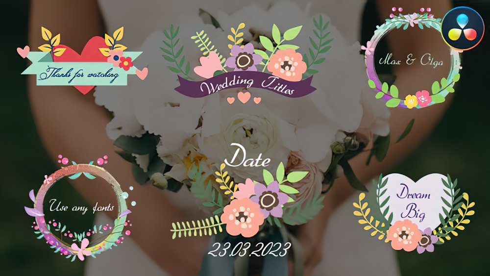 0683_达芬奇标题卡通花朵浪漫婚礼文本标题 Wedding Romantic Titles