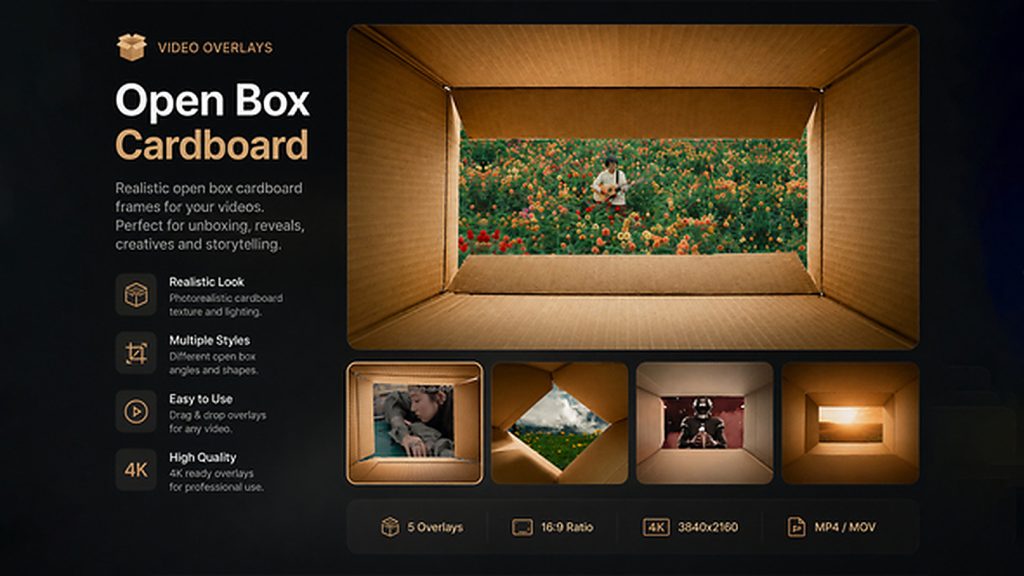 1417_达芬奇模板纸箱开箱视频叠加特效撕纸创意短视频 Open Box Cardboard Video Overlays