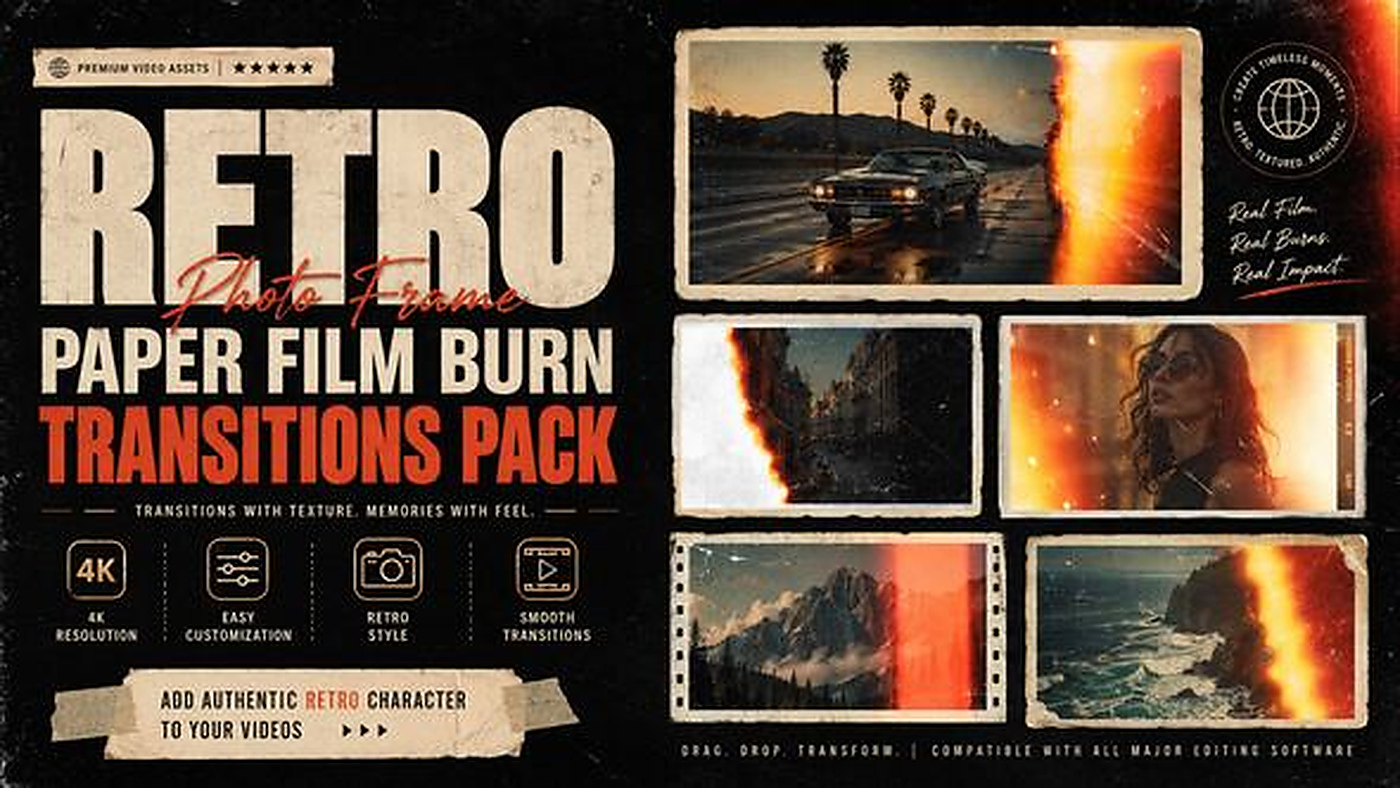1444_达芬奇模板动感转场视频模板 Retro Photo Frame Paper Film Burn